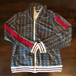 Zara Man Zip Up Light Weight Jacket Size L Red Stripe Blue and Brown Pattern